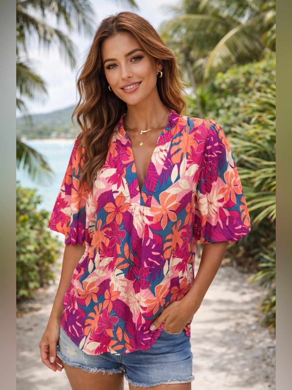 Oddy Tropical Blouse Sz M Beachy Boho Smocked Neck & Sleeves Peasant Puff Sleeve